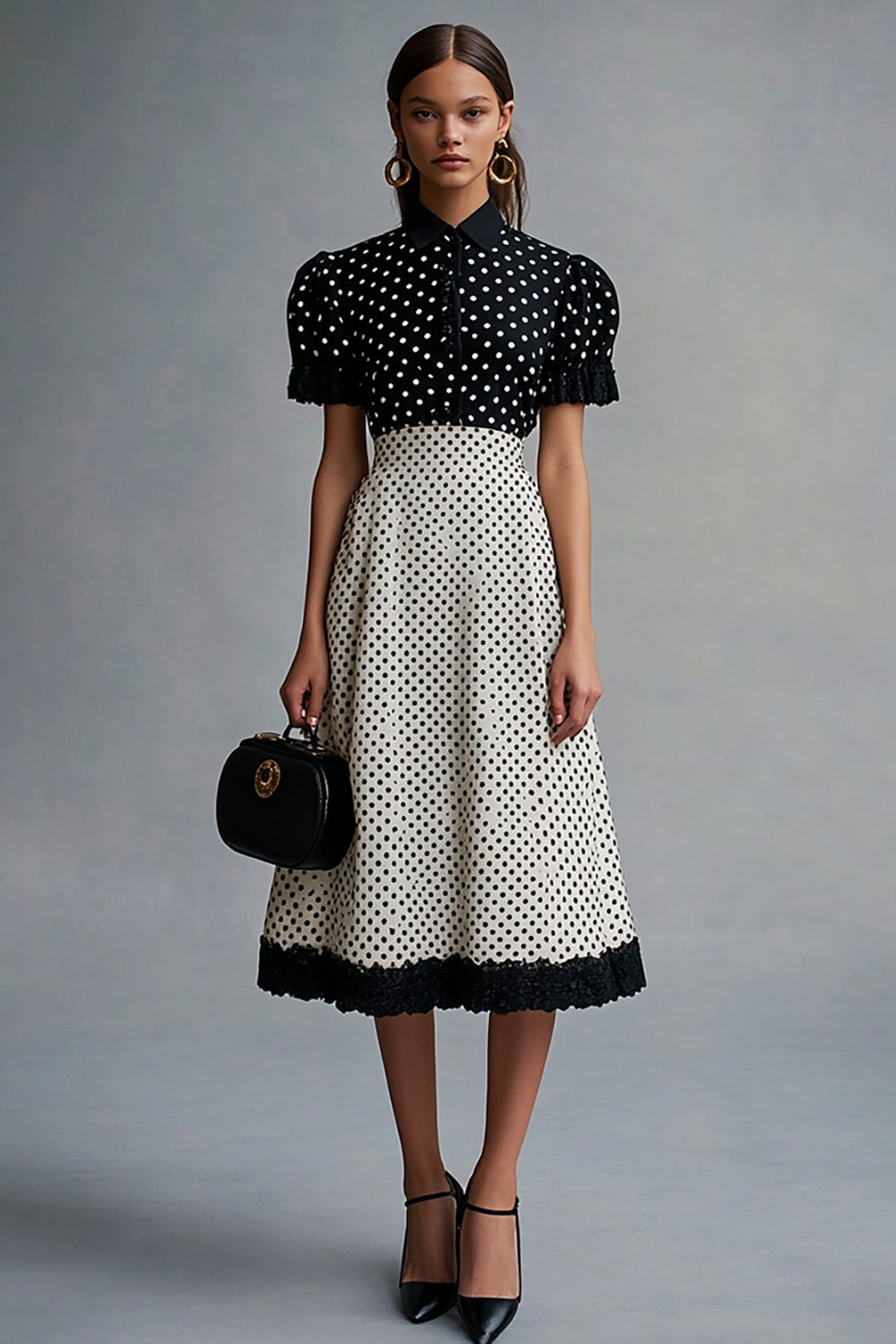 Vintage Volang Kavajslag hals Svart Vit Polka Dots Klänning