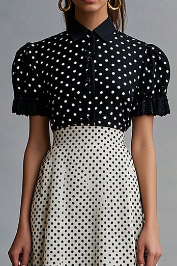 Vintage Volang Kavajslag hals Svart Vit Polka Dots Klänning