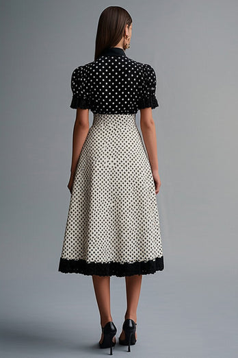 Vintage Volang Kavajslag hals Svart Vit Polka Dots Klänning