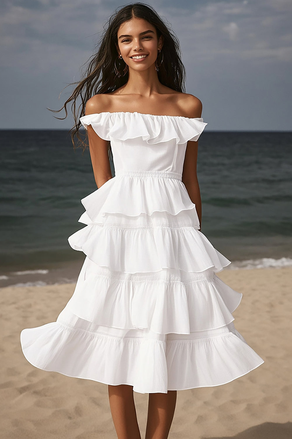 Elfenben Off The Shoulder Midi Förlovningsklänning med Volang