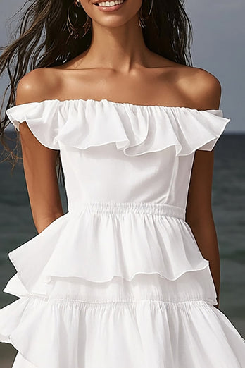 Elfenben Off The Shoulder Midi Förlovningsklänning med Volang