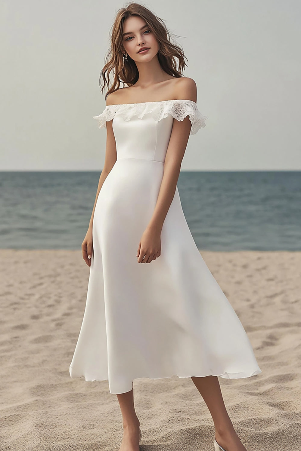 Ivory A Line Off The Shoulder Midi Förlovningsklänning med Spets