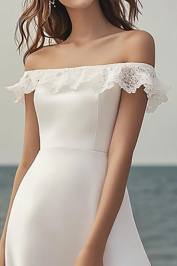 Ivory A Line Off The Shoulder Midi Förlovningsklänning med Spets