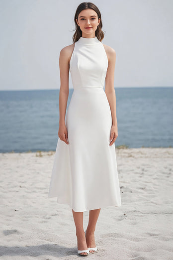 Enkel Elfenben Hög Hals Satin Midi Förlovningsklänning