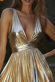 Metallic Gold Kort A-linje Cocktailklänning med veck