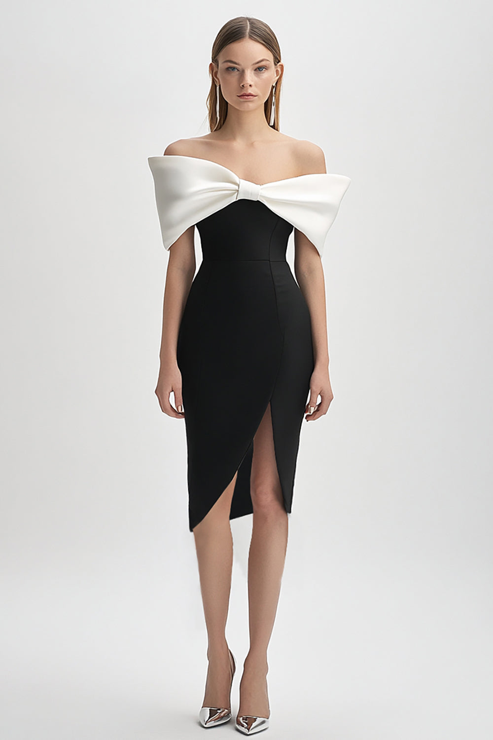 Elfenben och svart Off the Shoulder Bodycon Cocktailklänning med slits