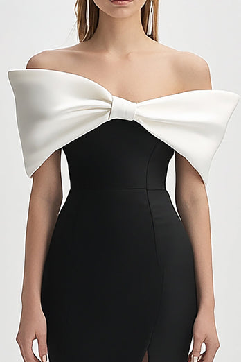 Elfenben och svart Off the Shoulder Bodycon Cocktailklänning med slits