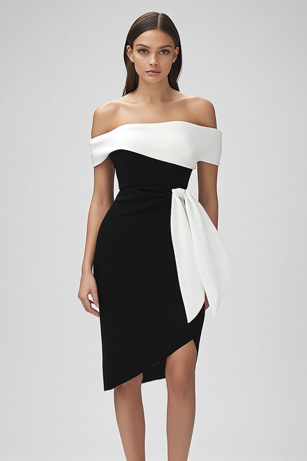 Kort Bodycon Ivory och svart cocktailklänning med volanger