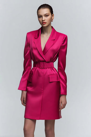 Fuchsia Satin Notched Kavajslag Bodycon Arbetsklänning
