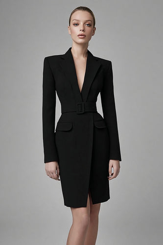 Svart Satin Peak Kavajslag Bodycon Arbetsklänning