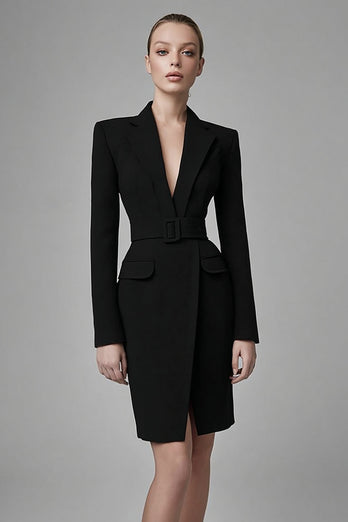 Svart Satin Peak Kavajslag Bodycon Arbetsklänning