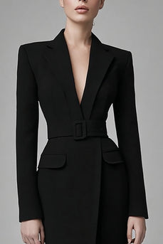 Svart Satin Peak Kavajslag Bodycon Arbetsklänning