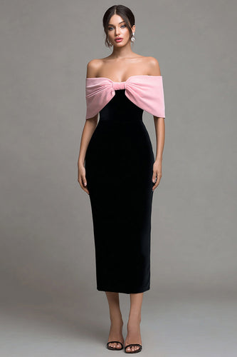 Off the Shoulder Svart Rosa Bodycon Midi Formell Klänning med Bowknot