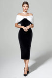 Off The Shoulder Svart Vit Sammet Slida Midi Formell Klänning