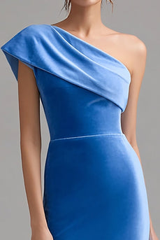 One Shoulder Blå Vlevet Formell Klänning Med Slits