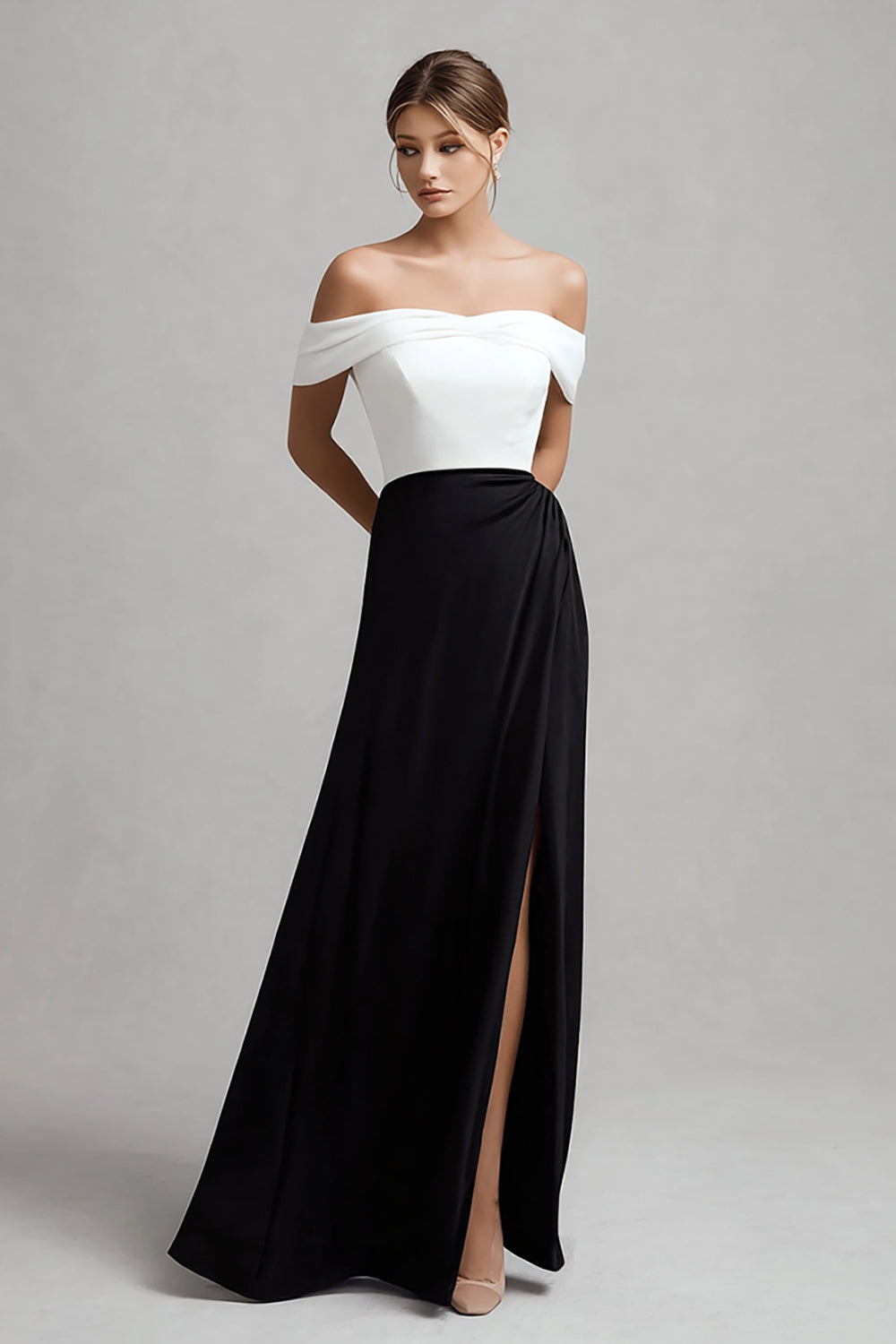 Svart Vit Satin Off The Shoulder Formell Klänning Med Slits