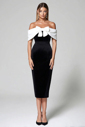 Off the Shoulder Sammet Svart Vit Slida Formell Klänning