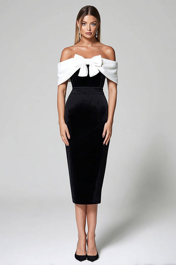 Off the Shoulder Sammet Svart Vit Slida Formell Klänning