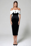 Off the Shoulder Sammet Svart Vit Slida Formell Klänning