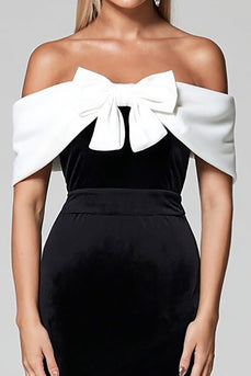 Off the Shoulder Sammet Svart Vit Slida Formell Klänning