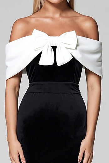 Off the Shoulder Sammet Svart Vit Slida Formell Klänning