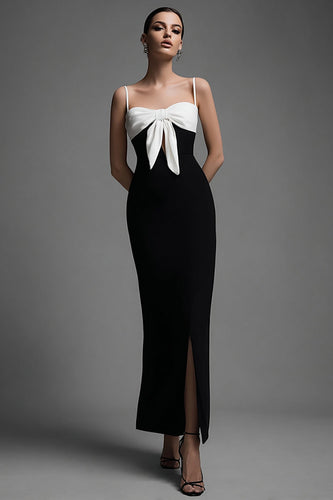Svart Vit Slida Spaghetti Straps Formell Klänning med Bowknot