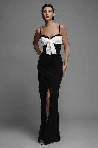 Bowknot Spaghetti Straps Svart Formell Klänning med Slits