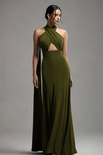 Halter Oliv Chiffong En linje Plisserad formell klänning