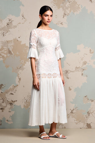 Ivory Lace A Line Lång Bröllop Gäst Klänning Med Ärmar