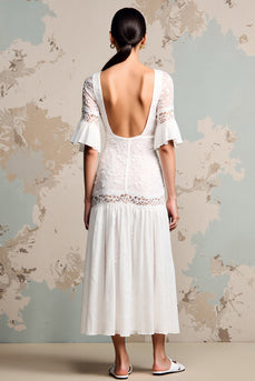 Ivory Lace A Line Lång Bröllop Gäst Klänning Med Ärmar