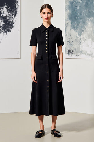 Svart A Line Collar Hals Bröllop Gäst Klänning med Ärmar