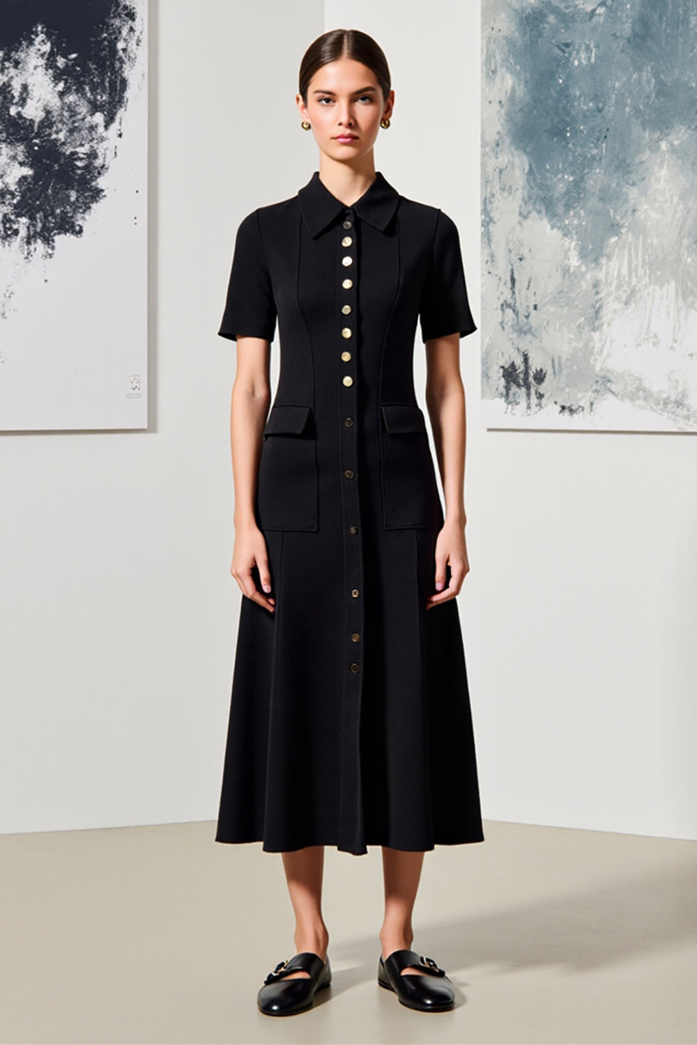 Svart A Line Collar Hals Bröllop Gäst Klänning med Ärmar
