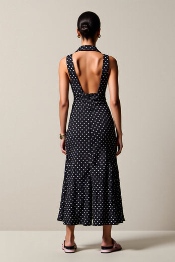 Svart Polka Dot Lång Chiffong Bröllop Gäst Klänning