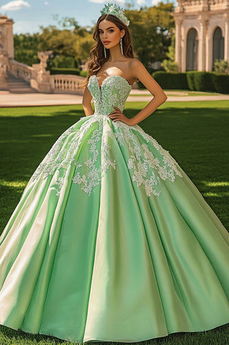 grön balklänning älskling lång prinsessa quinceanera klänning med applikationer