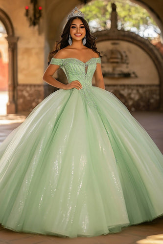 Glitter Ljus Tyll Grön Balklänning Lång Quinceanera Klänning med Appliques