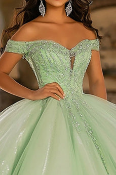 Glitter Ljus Tyll Grön Balklänning Lång Quinceanera Klänning med Appliques