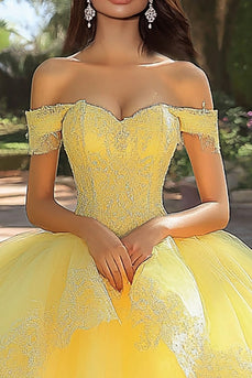 Gul balklänning applicerad tyll lång quinceanera klänning med volanger