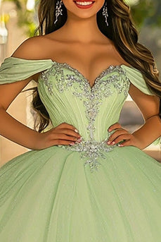 Glitter Ljusgrön Balklänning Lång Tyll Quinceanera Klänning med Appliques