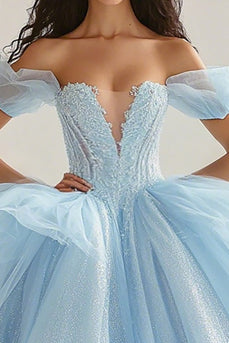 Himmelsblå balklänning Prinsessa Glitter Lång Tyll Quinceanera Klänning med volanger