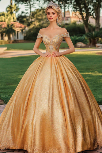Glitter Guld Boll Klänning Off The Shoulder Prinsessa Lång Quinceanera Klänning Med Appliques
