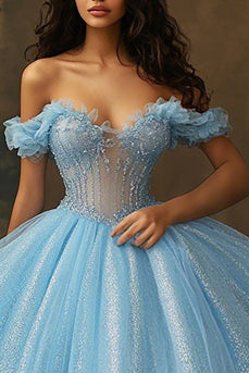 Himmelsblå Glitter Korsett Balklänning Lång Prinsessa Quinceanera Klänning med Volanger