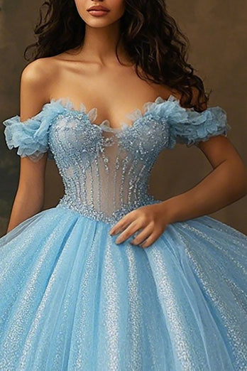 Himmelsblå Glitter Korsett Balklänning Lång Prinsessa Quinceanera Klänning med Volanger