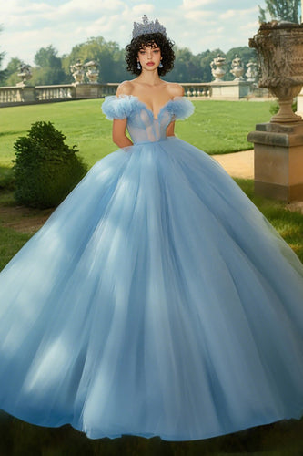 Himmelsblå balklänning Prinsessa Tyll Lång Quinceanera Klänning med volanger