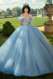 Himmelsblå balklänning Prinsessa Tyll Lång Quinceanera Klänning med volanger