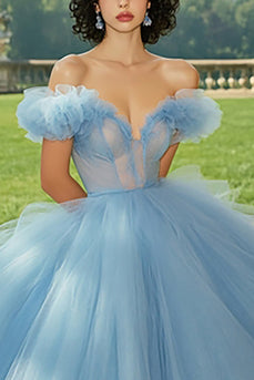 Himmelsblå balklänning Prinsessa Tyll Lång Quinceanera Klänning med volanger