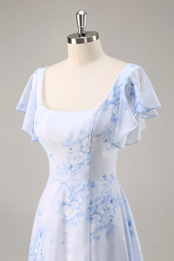 Blå Chiffong Blommig Scoop Neck Lång Brudtärna Klänning med Volanger