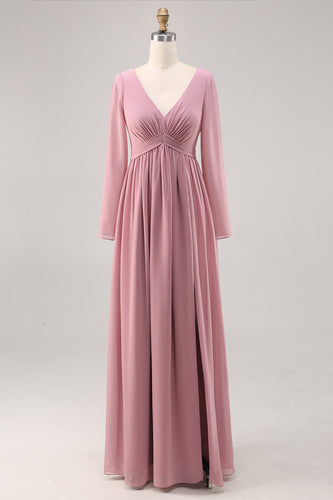 Enkel Dusty Rose Långärmad V-ringad brudtärna klänning med slits