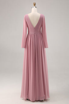 Enkel Dusty Rose Långärmad V-ringad brudtärna klänning med slits