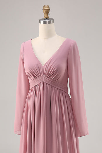 Enkel Dusty Rose Långärmad V-ringad brudtärna klänning med slits