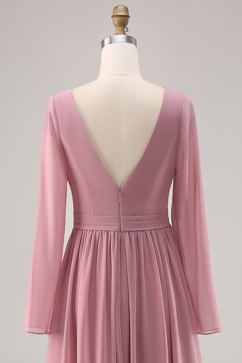 Enkel Dusty Rose Långärmad V-ringad brudtärna klänning med slits